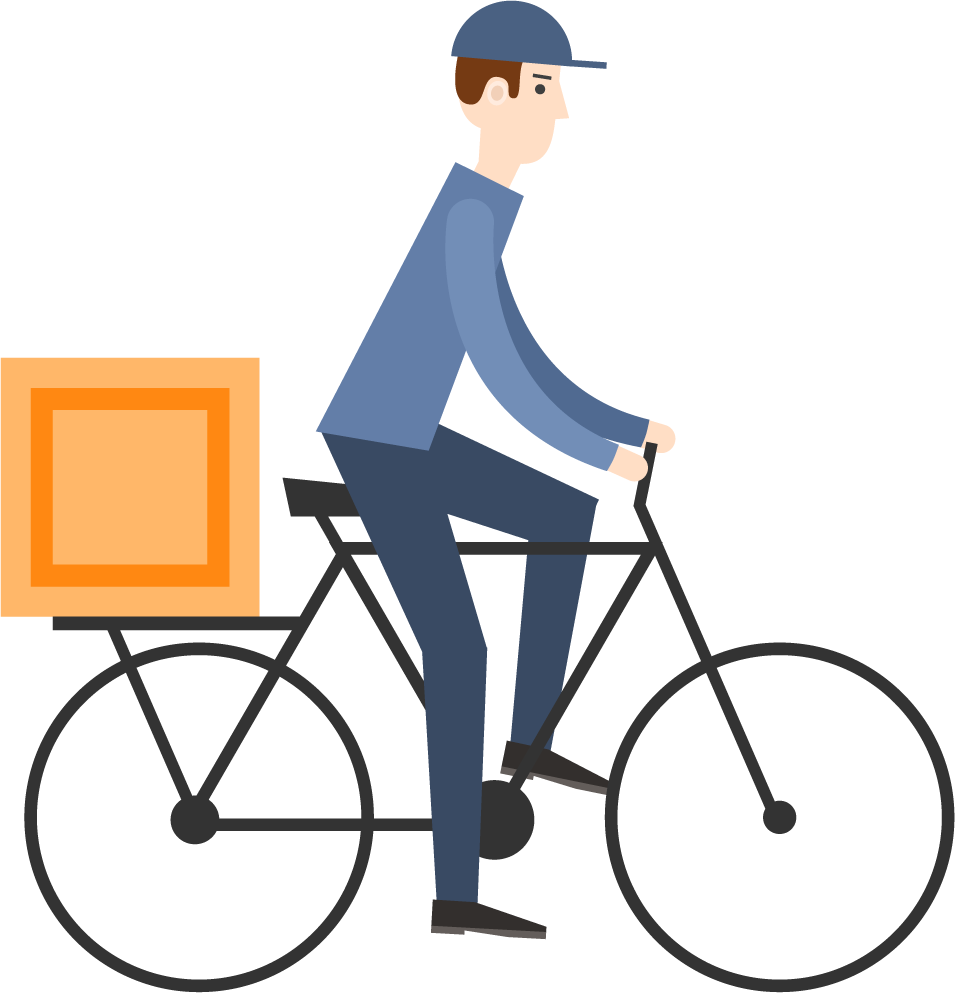 minimal flat delivery shipping icon featuring a cyclist with a package for on-demand services
