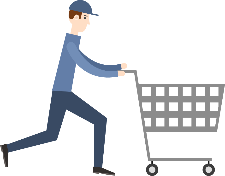 minimal flat delivery shipping icon featuring a courier pushing a shopping cart