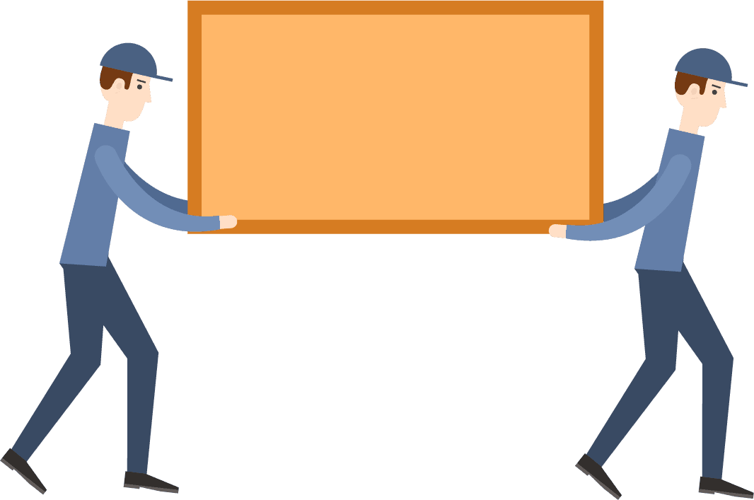 minimal flat delivery shipping icon with two workers carrying a large box