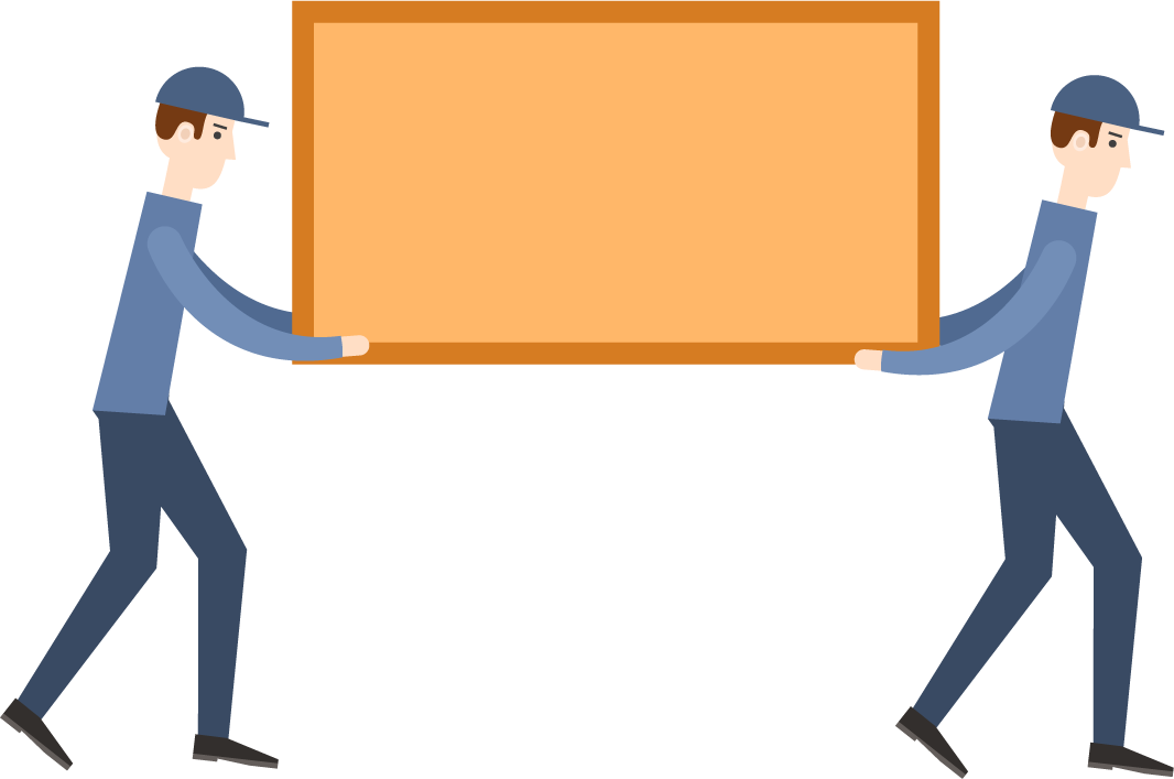minimal flat delivery shipping icon with two workers carrying a large box