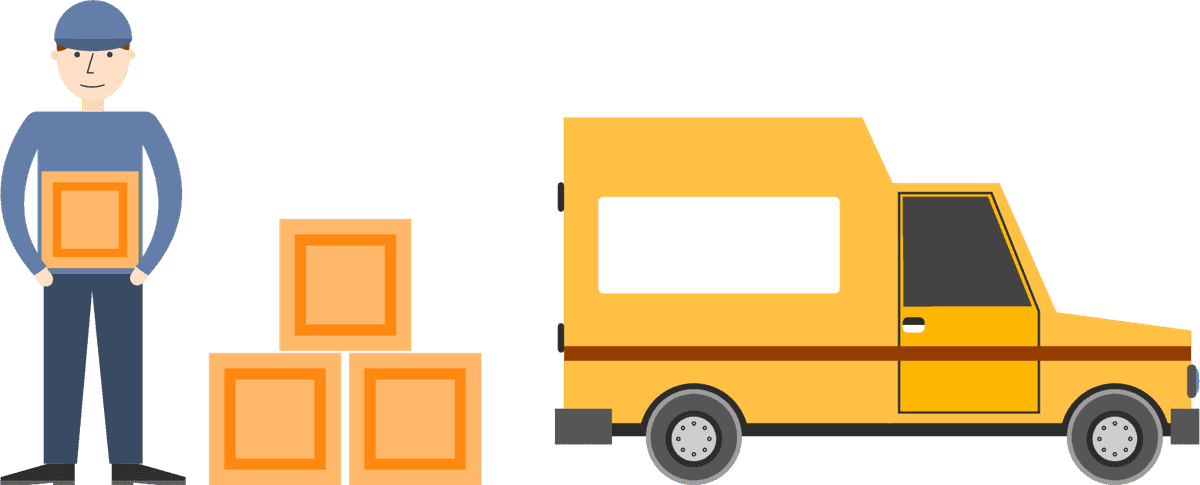 minimal flat delivery shipping icon illustrating a courier with boxes and a van