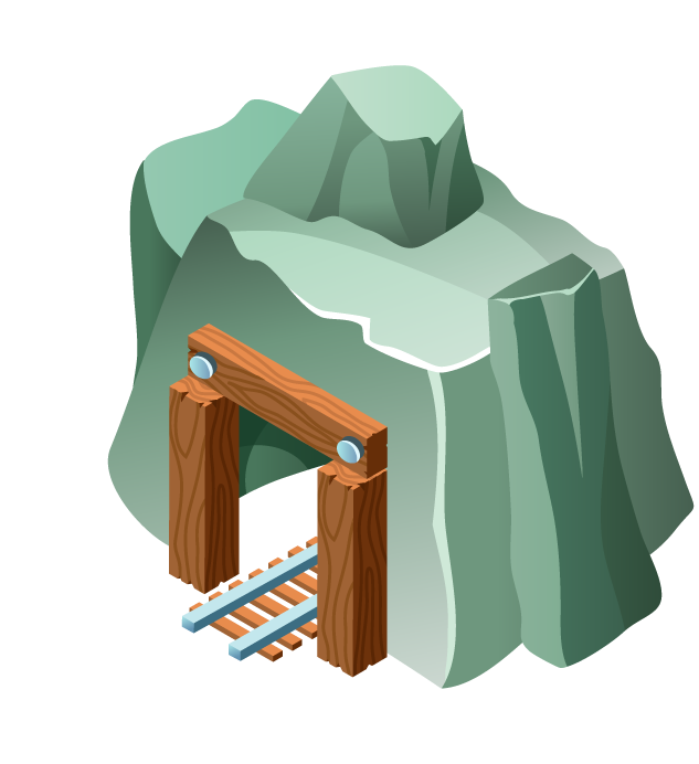 mining game isometric elements collection featuring a detailed mountain entrance and tracks