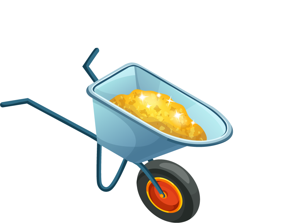 mining game isometric elements collection featuring a shiny wheelbarrow loaded with gold