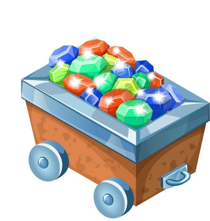 mining game isometric elements collection featuring colorful gem-filled cart for immersive gameplay