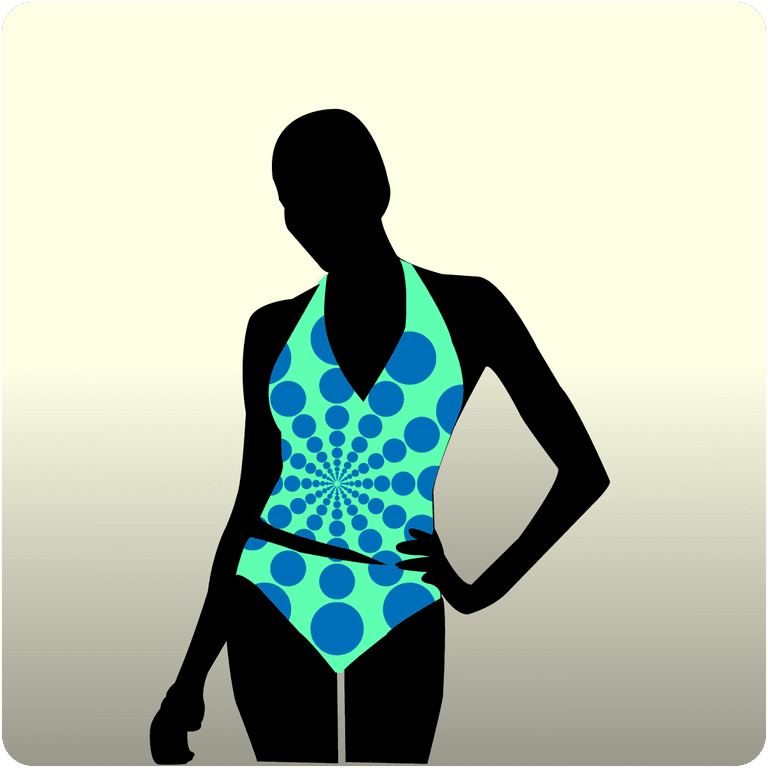 model serves silhouette vector in a stylish swimsuit with vibrant circular patterns