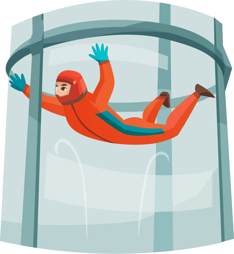 modern sports entertainments illustration featuring indoor skydiving experience with vibrant colors