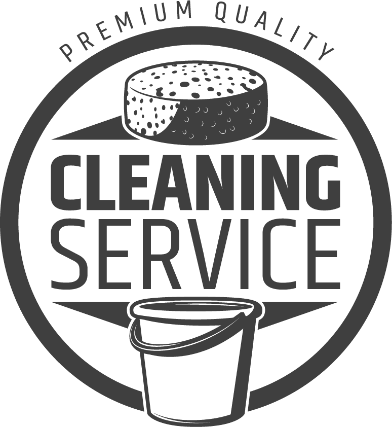 monochrome cleaning service logo with premium quality seal and bucket illustration