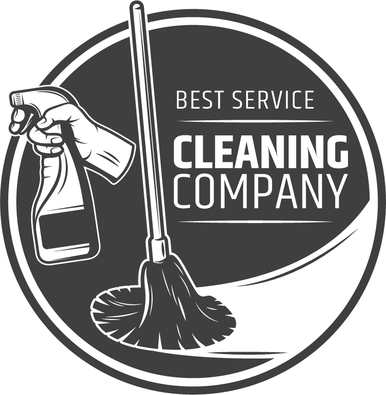 monochrome cleaning service logo featuring spray bottle and mop for professional branding