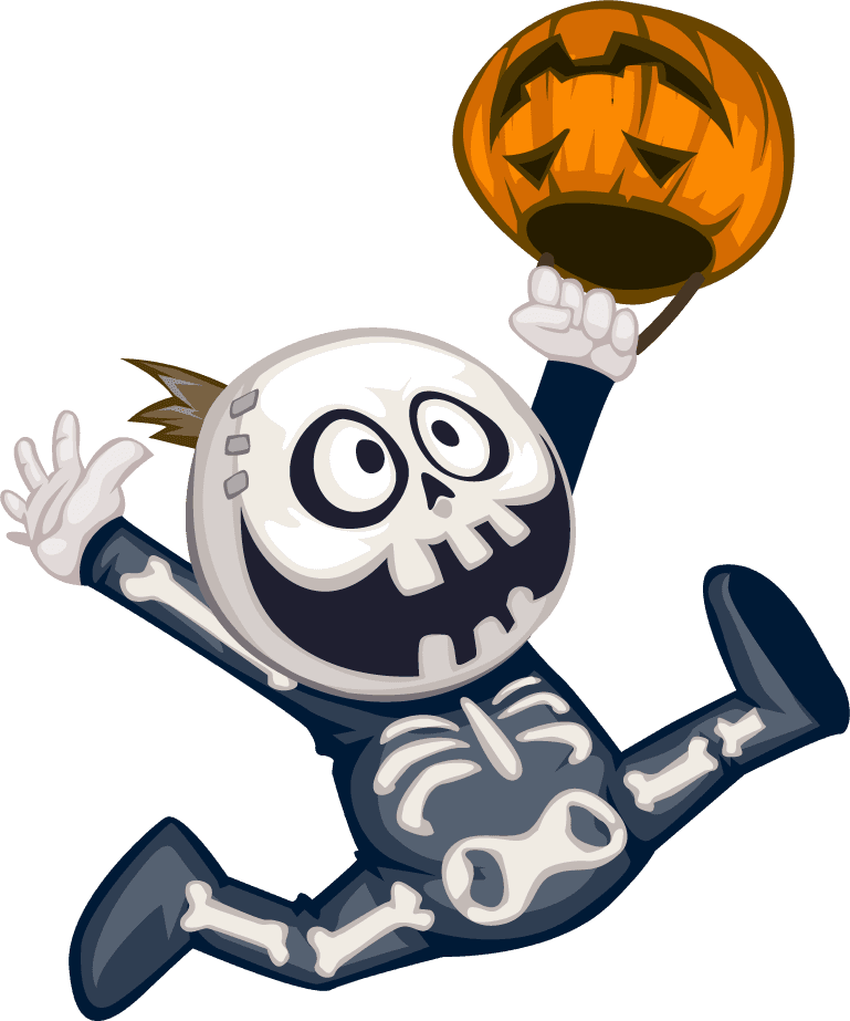 monster halloween cartoon vector of a joyful skeleton holding a pumpkin