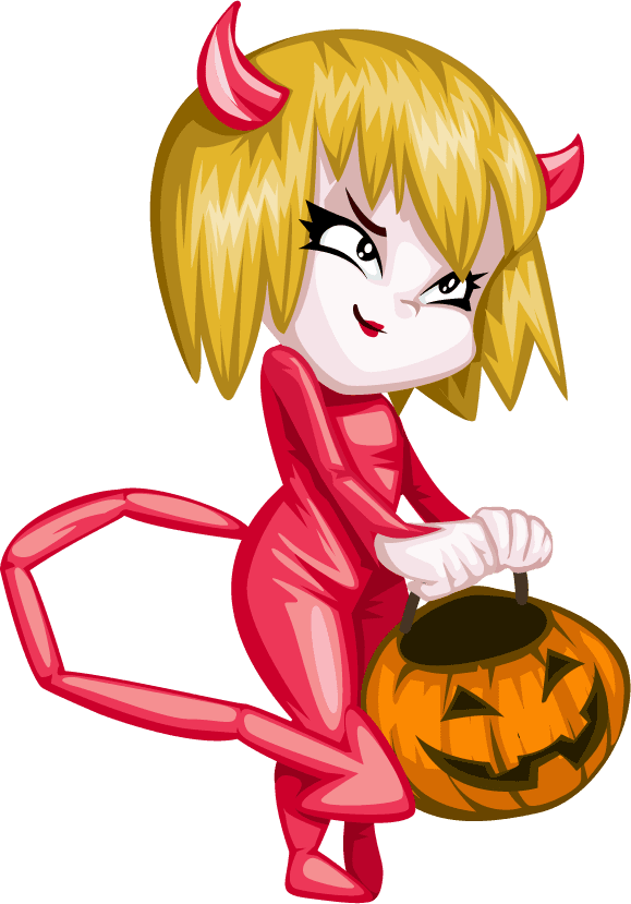 monster halloween cartoon vector featuring a playful girl in a red devil costume with a pumpkin