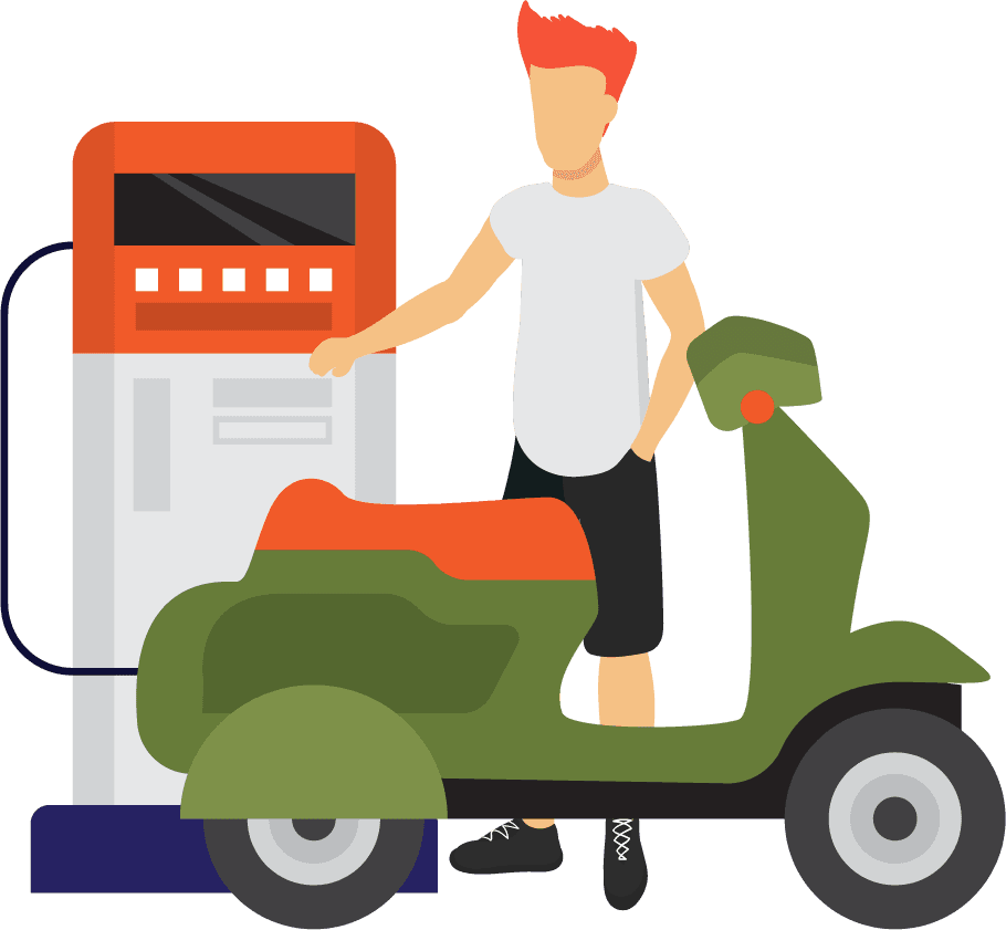 motorbike refueler gas petrol station icons set with people