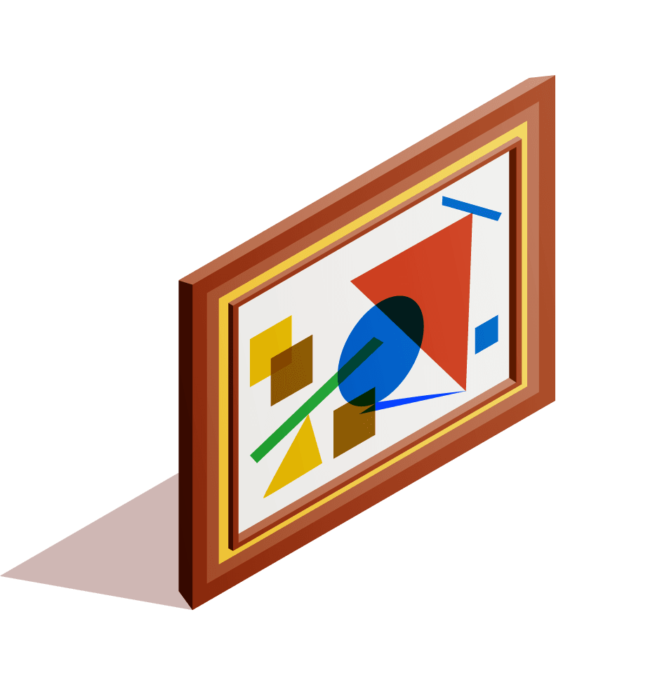 museum artifacts isometric collection featuring modern art in a vibrant frame