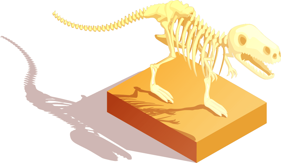 museum artifacts isometric collection featuring a detailed dinosaur skeleton display