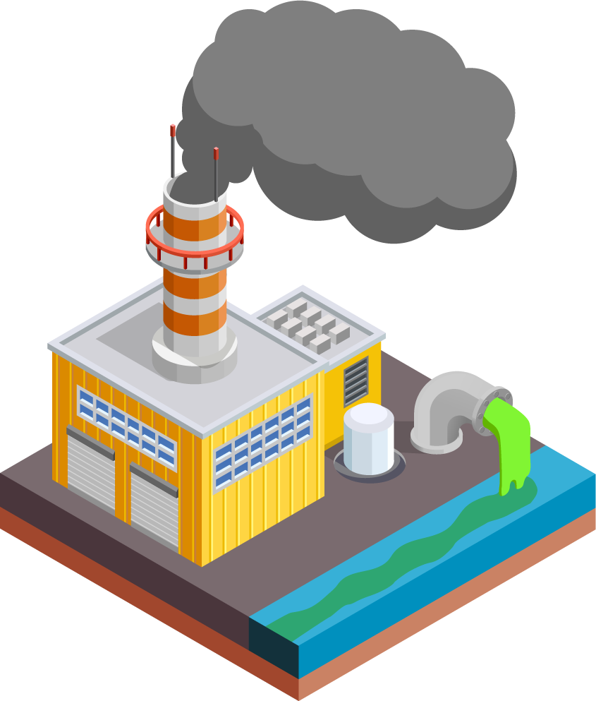 isometric natural disaster illustration of a factory emitting smoke and waste pollution