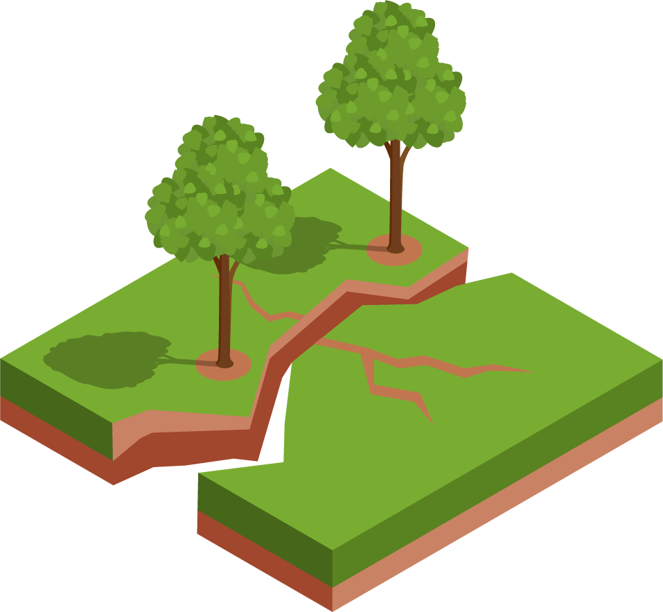 isometric natural disaster illustration depicting a landscape split by an earthquake