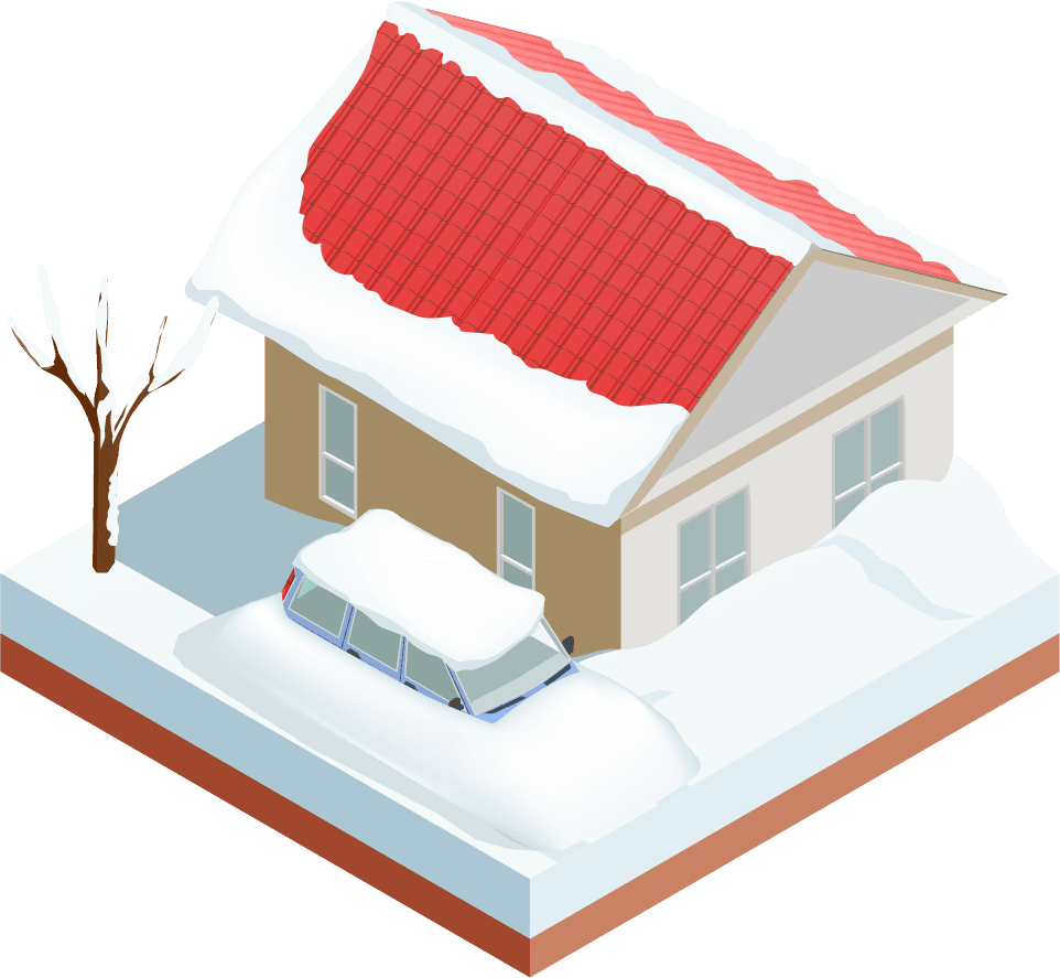 isometric natural disaster illustration of a snow-covered house and car in winter