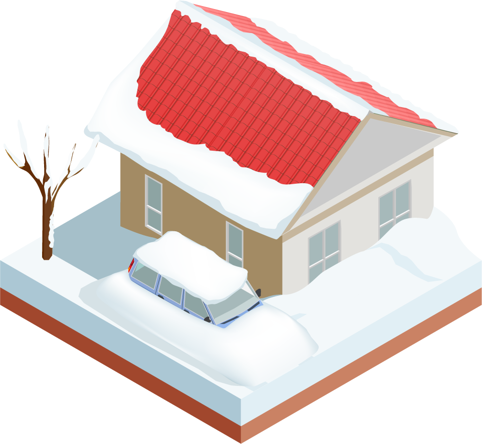 isometric natural disaster illustration of a snow-covered house and car in winter