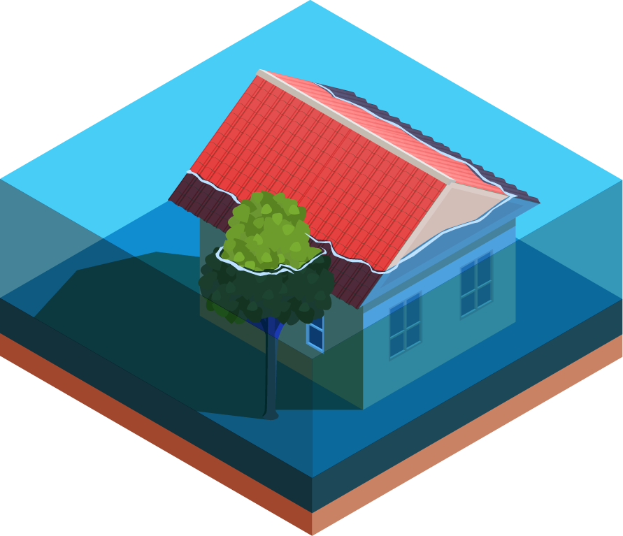 isometric natural disaster illustration depicting flood impact on residential area with vivid colors
