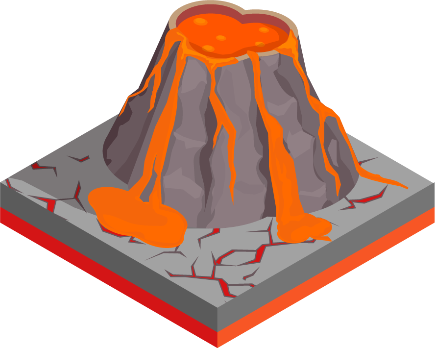 isometric natural disaster illustration depicting a volcanic eruption on a cracked landscape