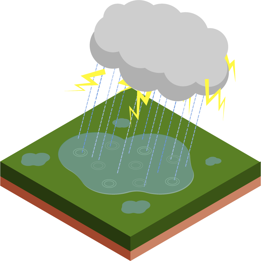 isometric natural disaster illustration showcasing a rainstorm with lightning over a flooded land