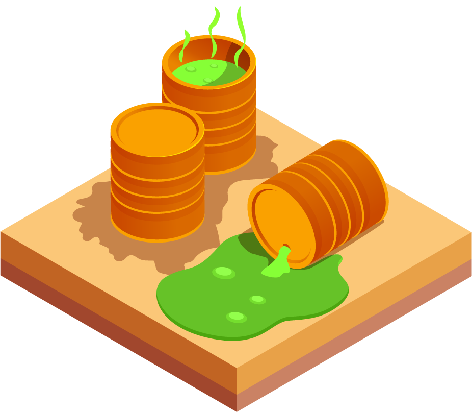 isometric natural disaster illustration depicting hazardous waste and environmental impact
