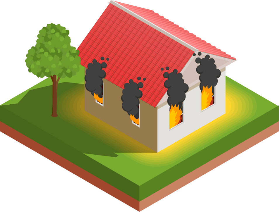 isometric natural disaster illustration depicting a house engulfed in flames and smoke