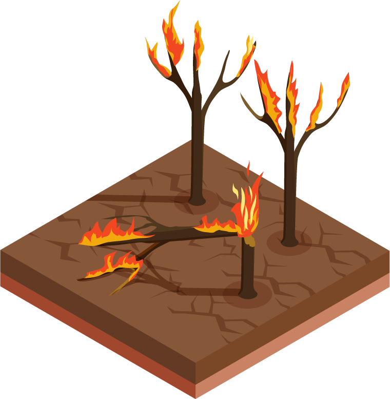 isometric natural disaster illustration of a wildfire scene with burnt trees and cracked ground