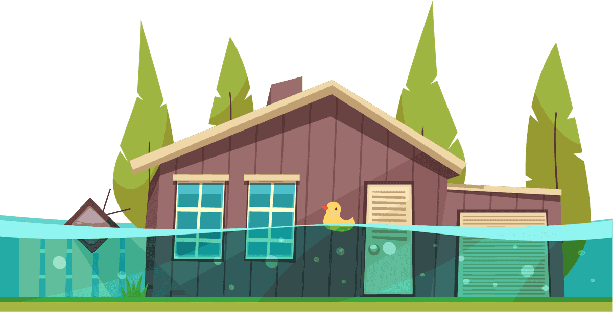 flat natural disasters illustration depicting a flooded house with playful elements and vibrant colors