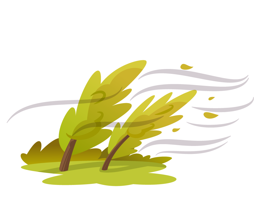 natural disasters cartoon icons featuring windswept trees and dynamic weather effects