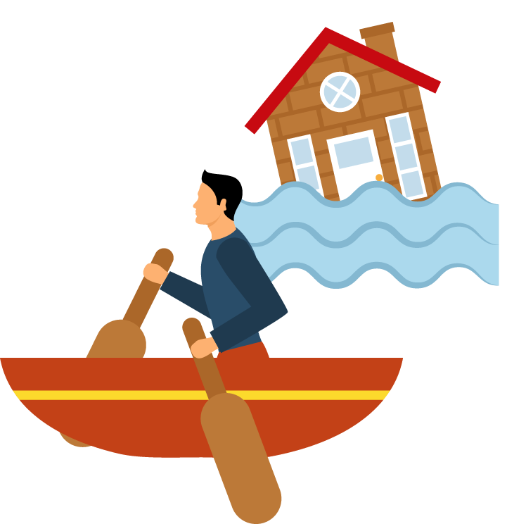 natural disasters escape images featuring a man in a boat navigating floodwaters safely