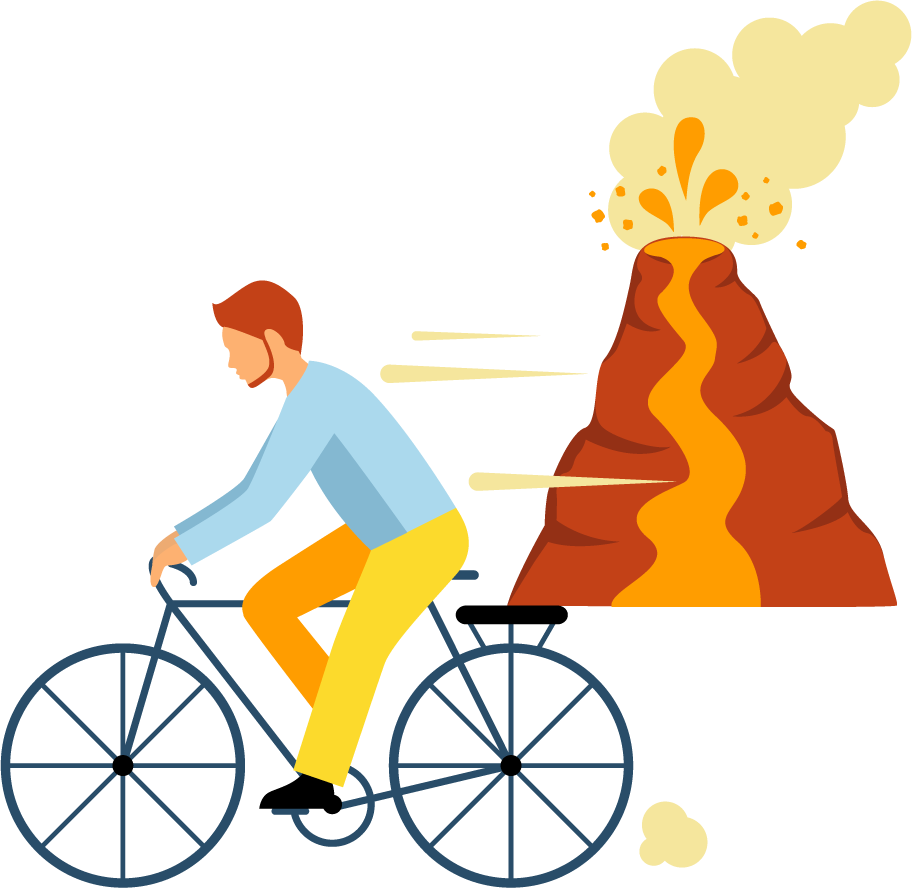 natural disasters escape images featuring a cyclist fleeing a volcanic eruption