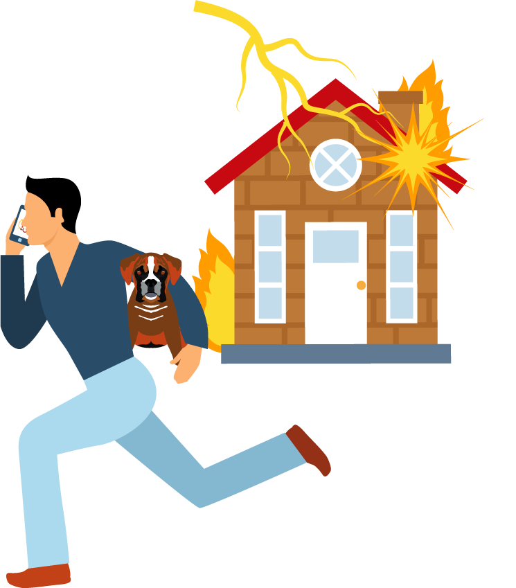 natural disasters escape images featuring a person fleeing with a dog and burning house