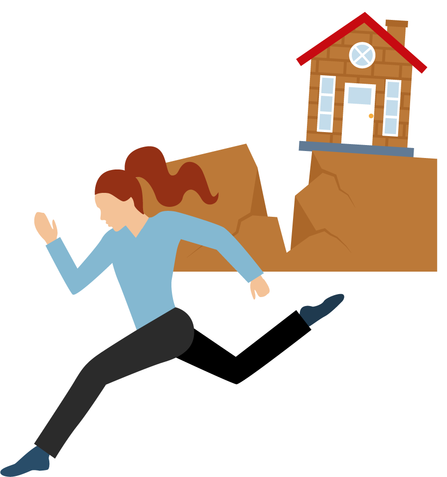 natural disasters escape images featuring a woman running from a collapsing house during an earthquake