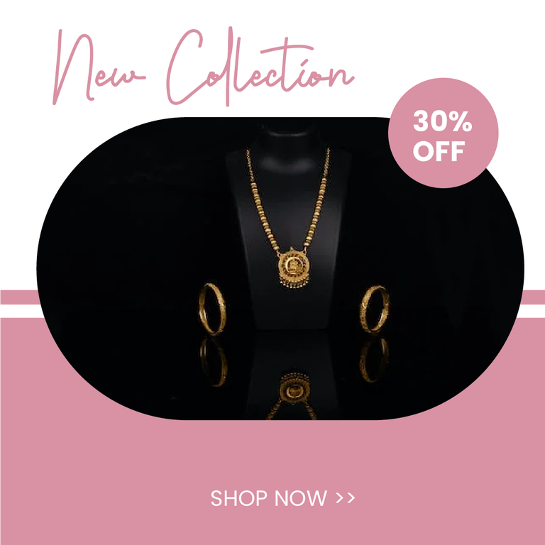 pink promotional template for gold necklace and earrings new collection jewelry sale with shop now button