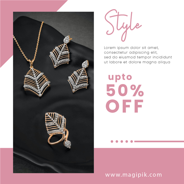 pink promotional template for gold leaf pendant necklace earrings ring set style jewelry sale with fifty percent discount