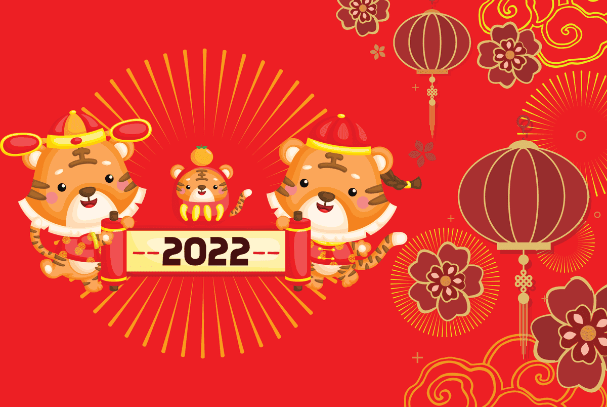 new year mockup illustration background featuring playful tigers and festive decorations