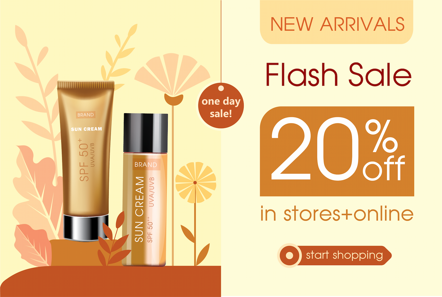 illustration template promoting a one day flash sale for sun cream offering a 20 percent discount in stores and online