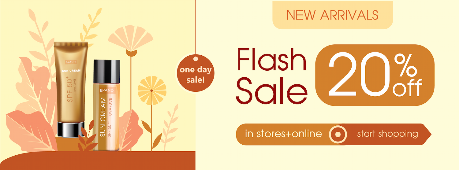 illustration template for a one day flash sale promoting sun cream offering a discount in stores and online