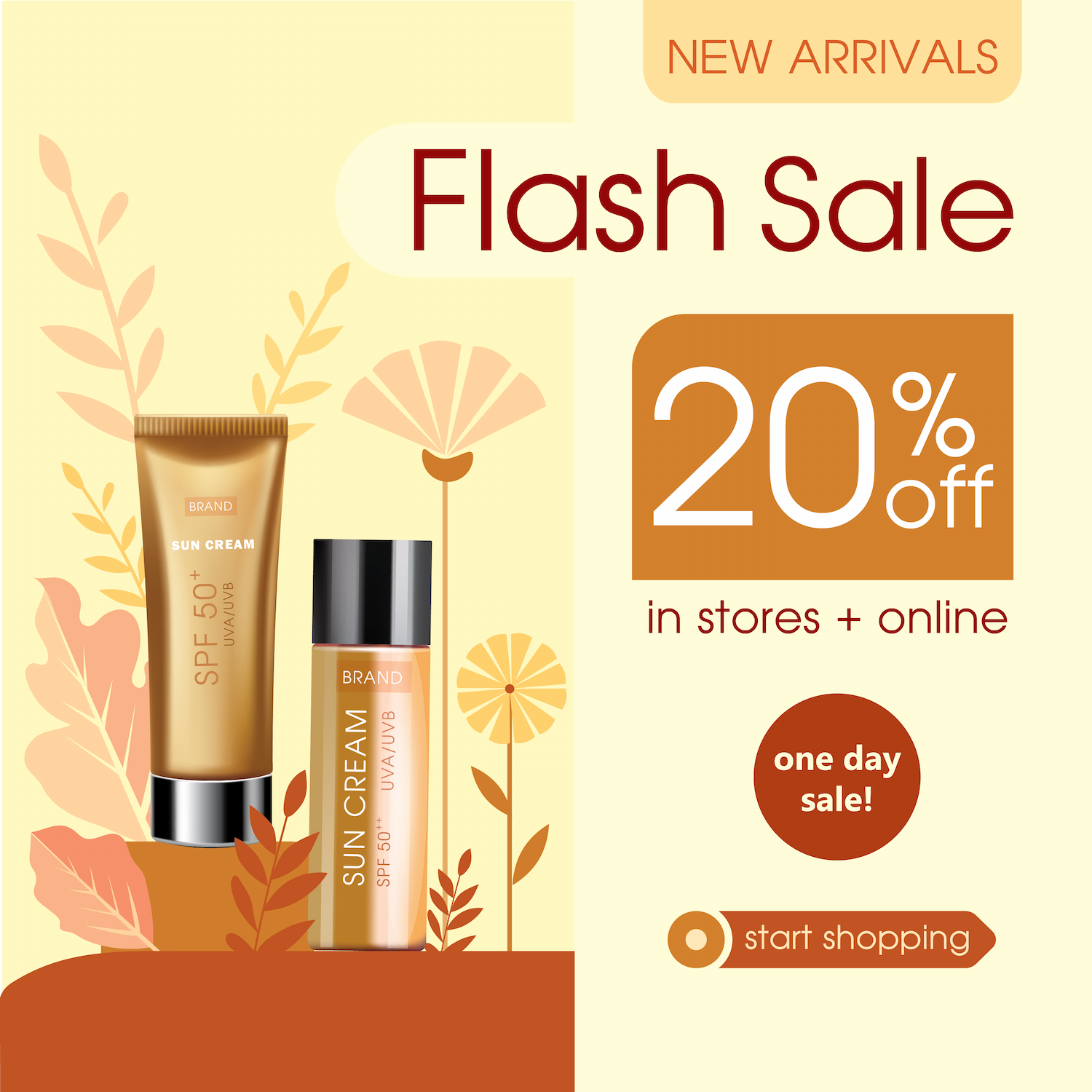 flat promotional template for sunscreen flash sale with a percentage off for online and physical stores