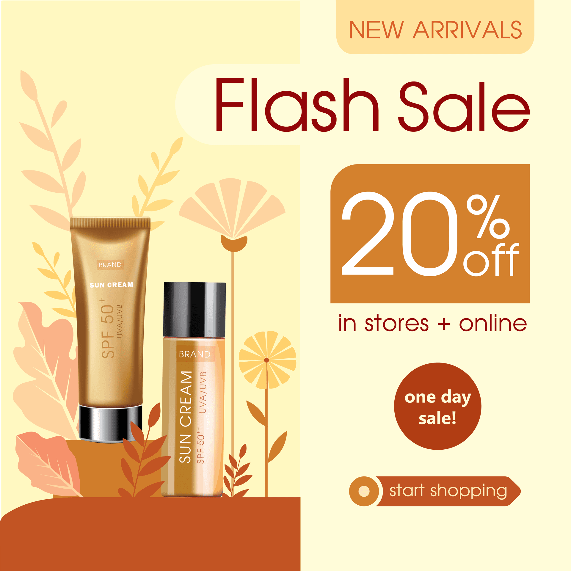 flat promotional template for sunscreen flash sale with a percentage off for online and physical stores