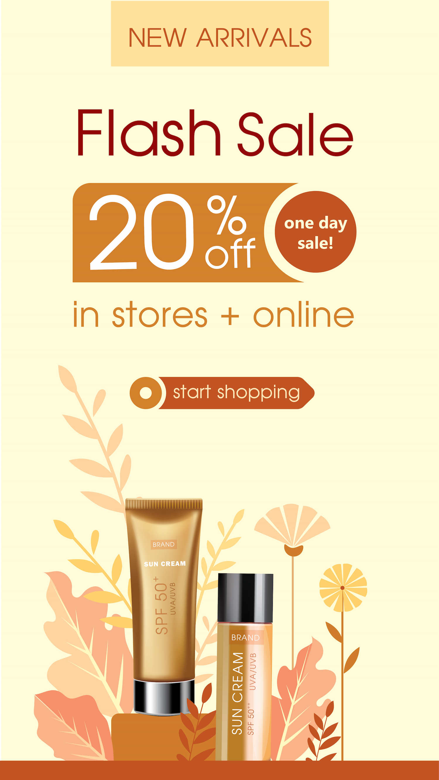 vertical banner template for sunscreen flash sale with percentage discount in stores and online