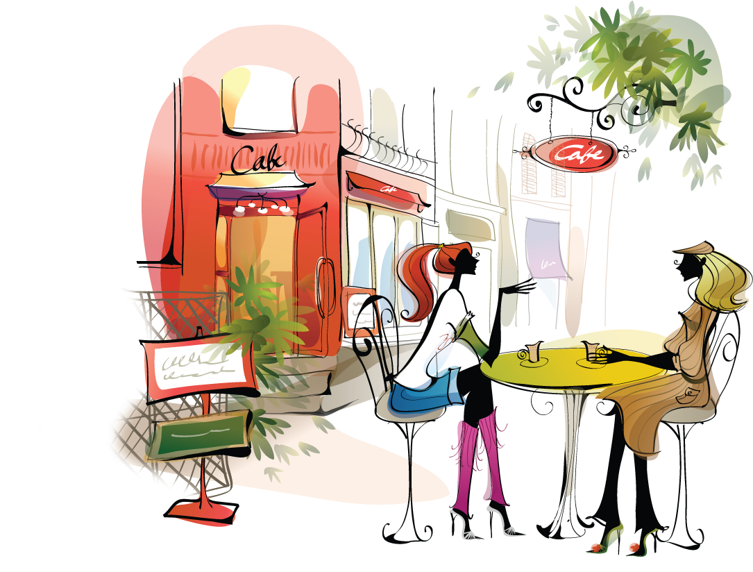 nice girls graphic enjoying coffee at a charming cafe in vibrant urban art style