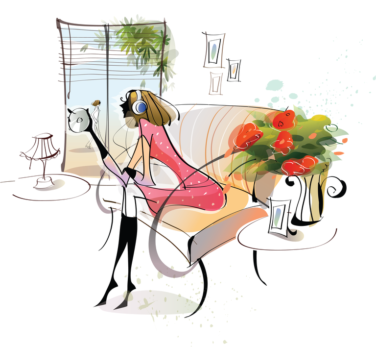 nice girls graphic art featuring a cozy indoor scene with stylish decor and vibrant flowers