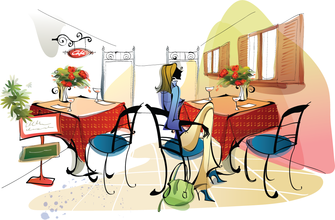 nice girls graphic dining experience in a vibrant cafe setting illustration