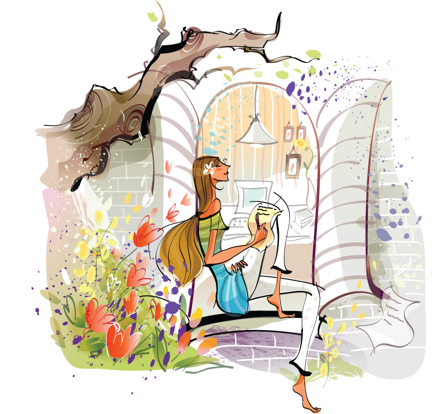 nice girls graphic artwork featuring a serene moment in a colorful garden setting