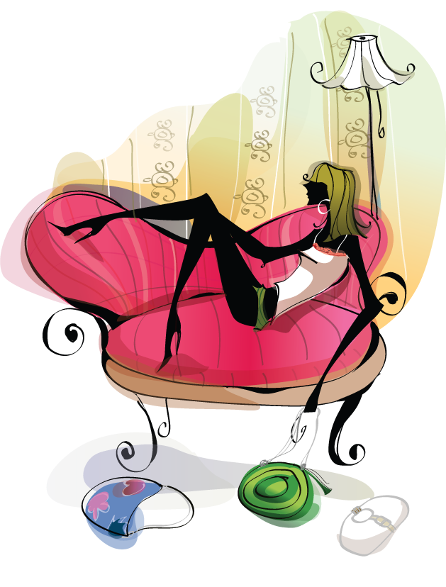 nice girls graphic lounging in style on a chic pink sofa with playful accessories