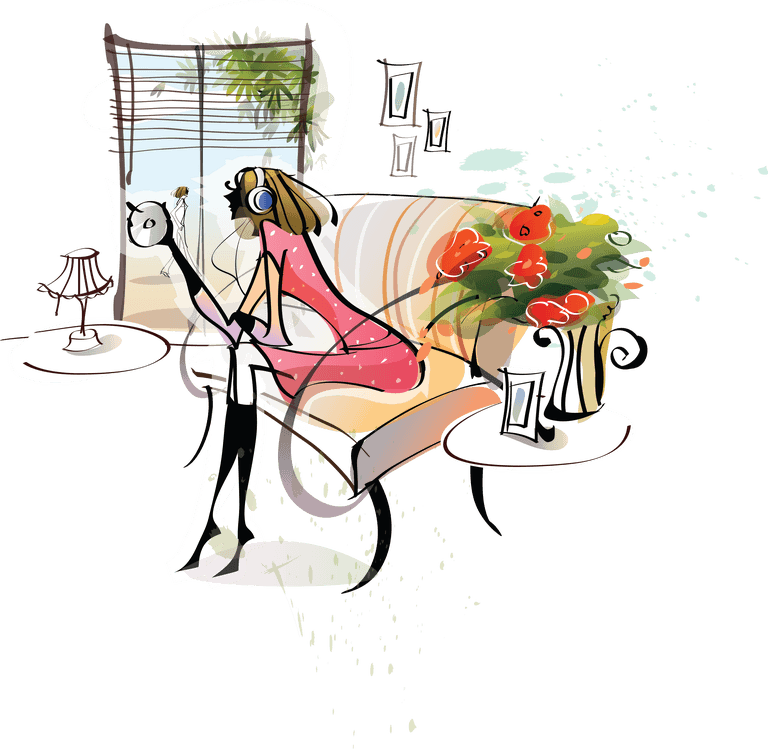 nice girls graphic enjoying music in a cozy living room with vibrant decor