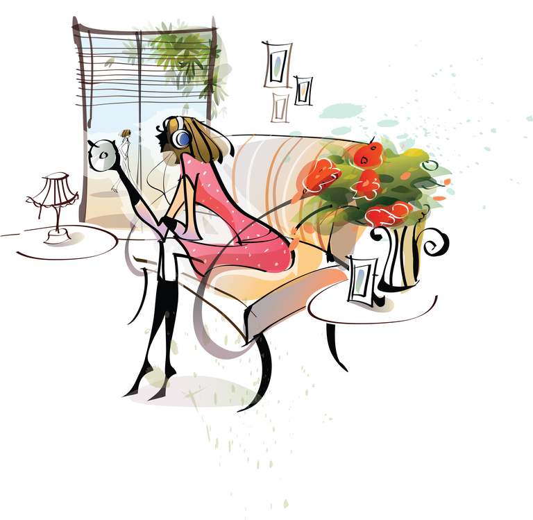 nice girls graphic enjoying music in a cozy living room with vibrant decor