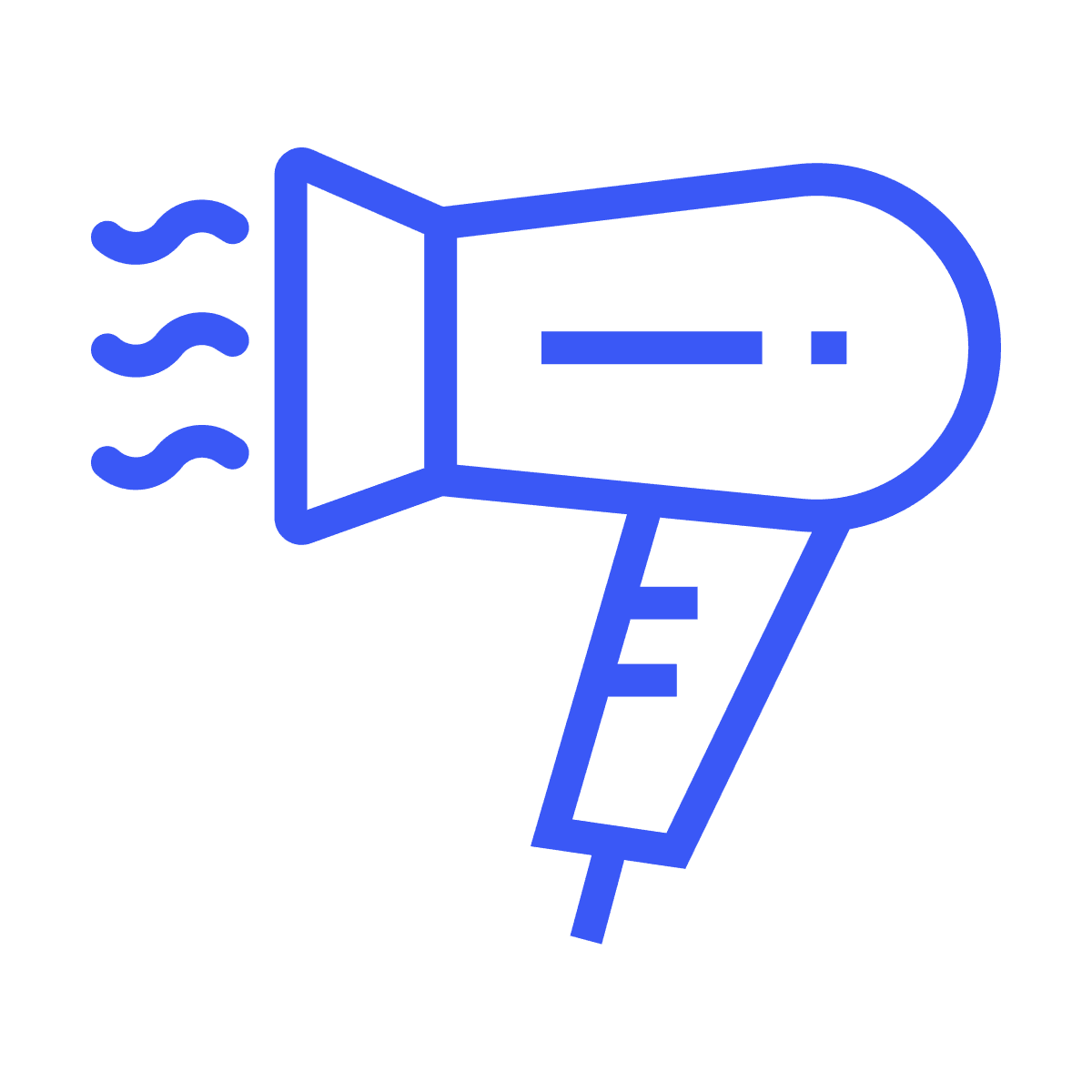 flat blue hair dryer icon with hot air waves for beauty and styling