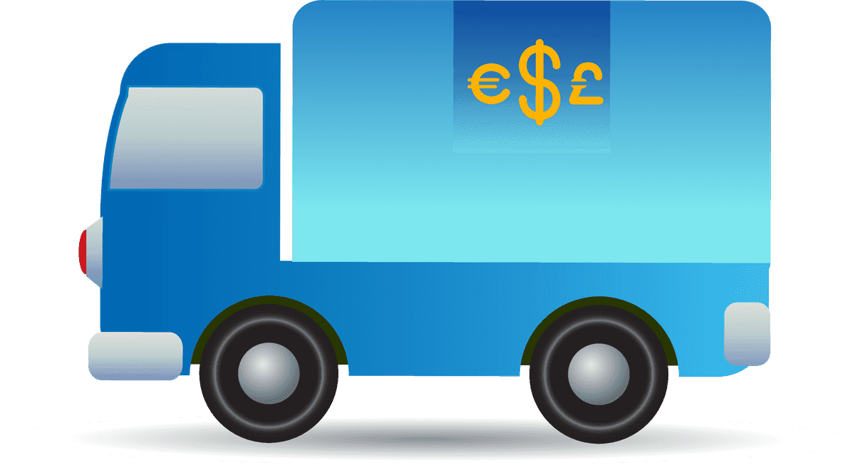novo icon series money transport truck with currency symbols for finance and delivery services